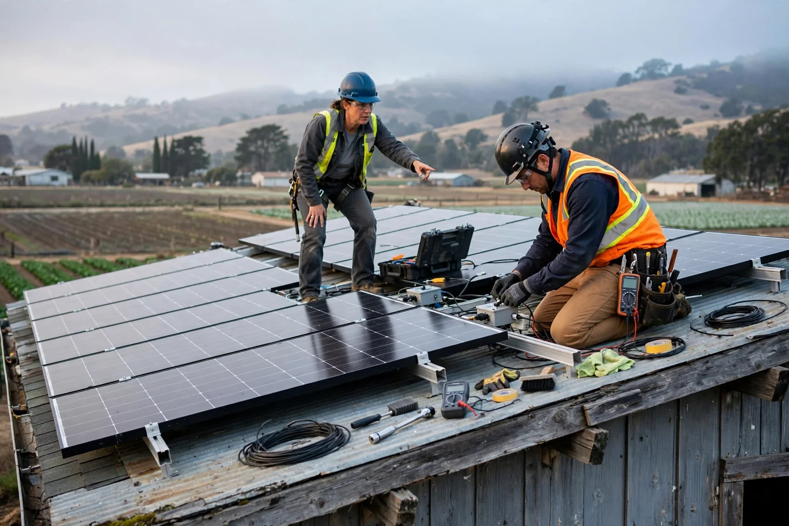 Restored solar array on a farm outbuilding roof outside Salinas