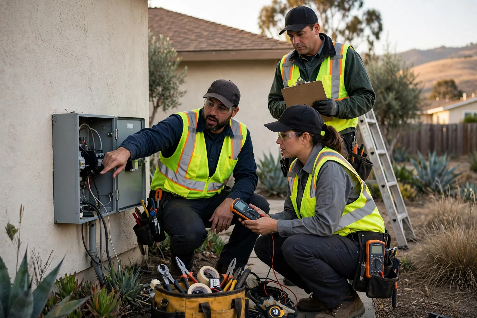 Technician testing rooftop solar array wiring in Salinas