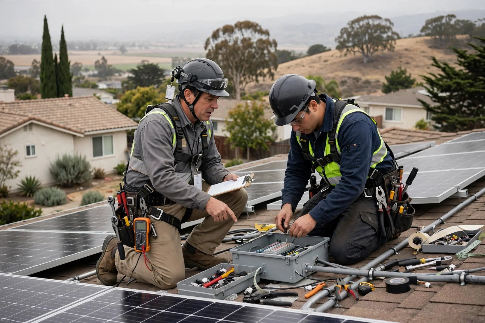 Technician reviewing solar panel replacement estimate with Salinas homeowner