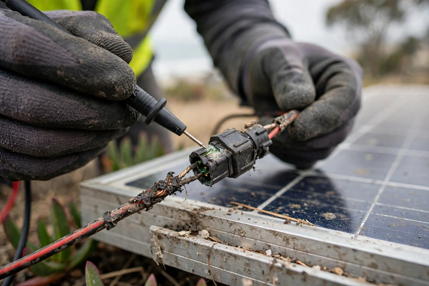 Technician checking string voltage on aging rooftop solar panels