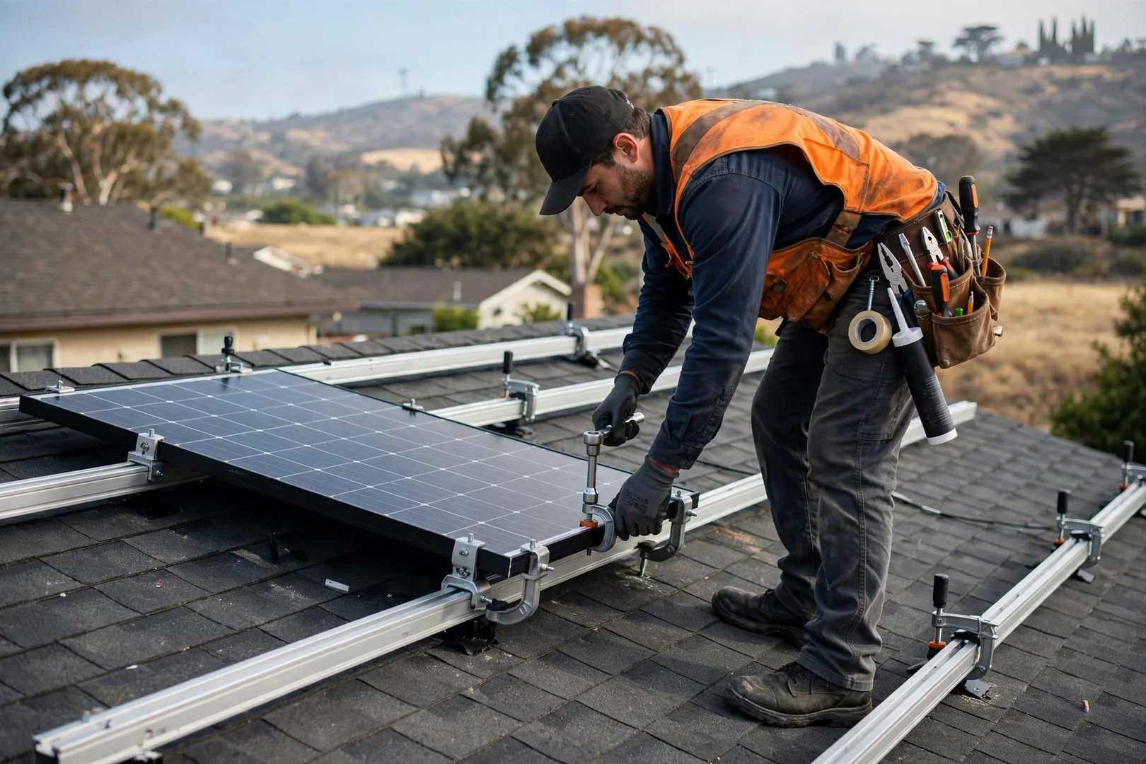 New solar module set into rail clamps on a shingle roof