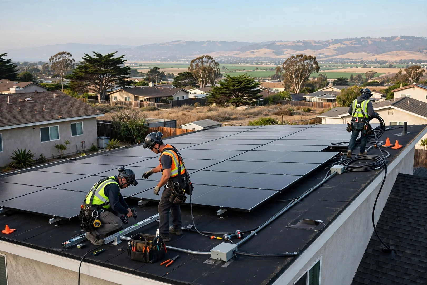 Wide view of a fully replaced rooftop solar array in Salinas
