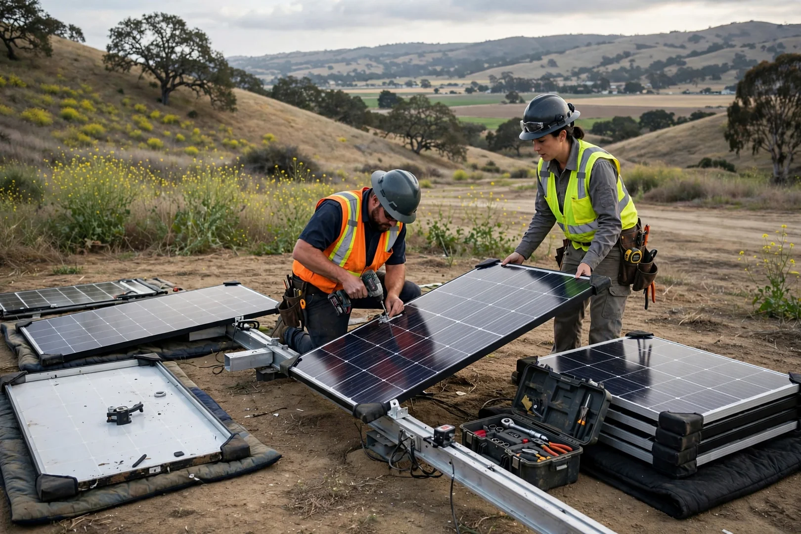Ground-mounted solar panels being replaced on open valley land