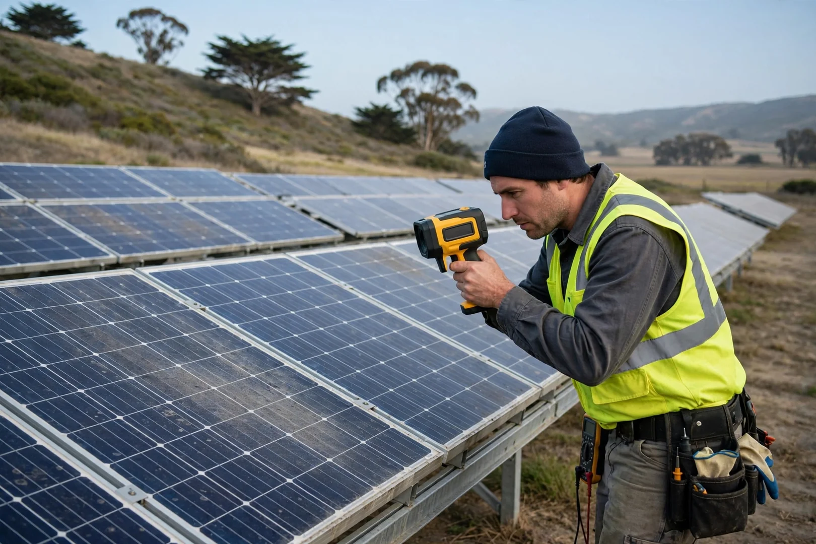 Technician thermal scanning solar panels to locate hot spot damage