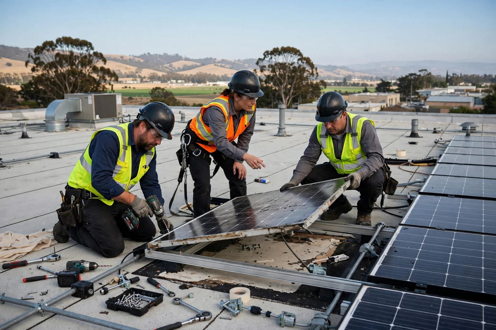 Crew replacing a section of panels on a flat commercial rooftop