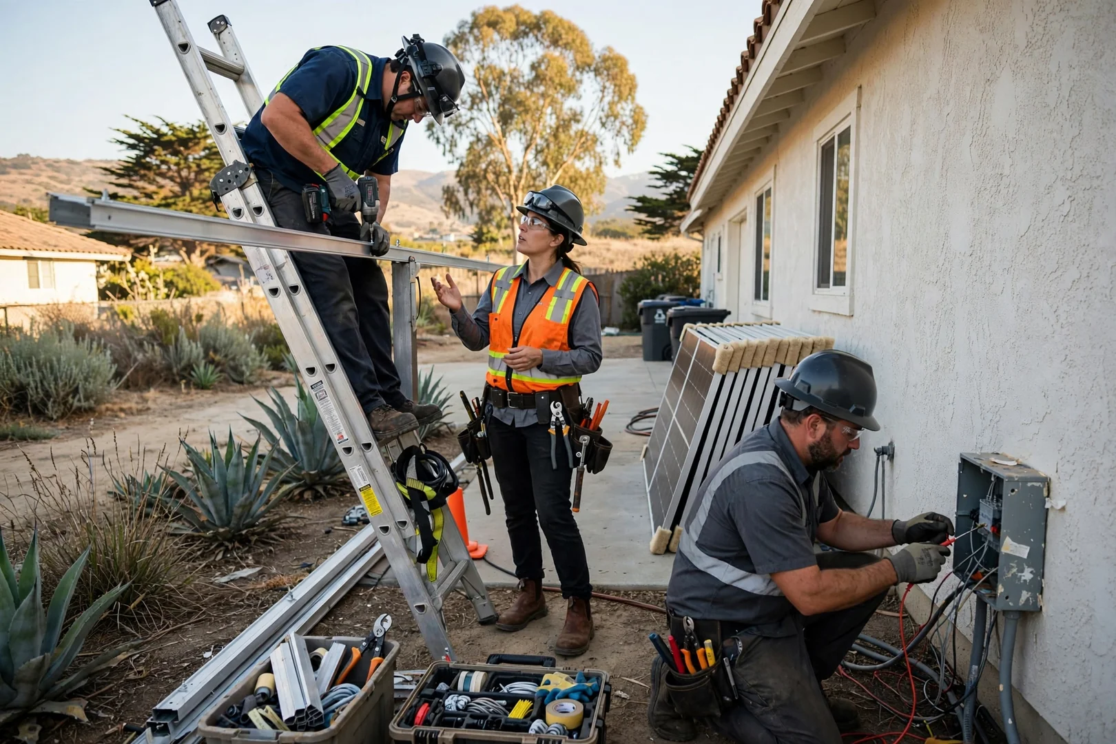 Technician removing an aging solar module from a Salinas roof