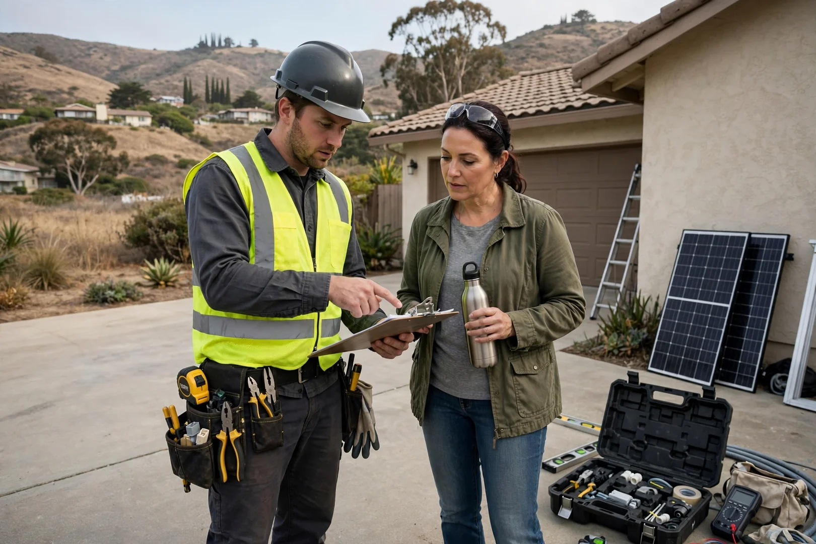 Written solar maintenance estimate reviewed with a homeowner beside a residential inverter in Salinas