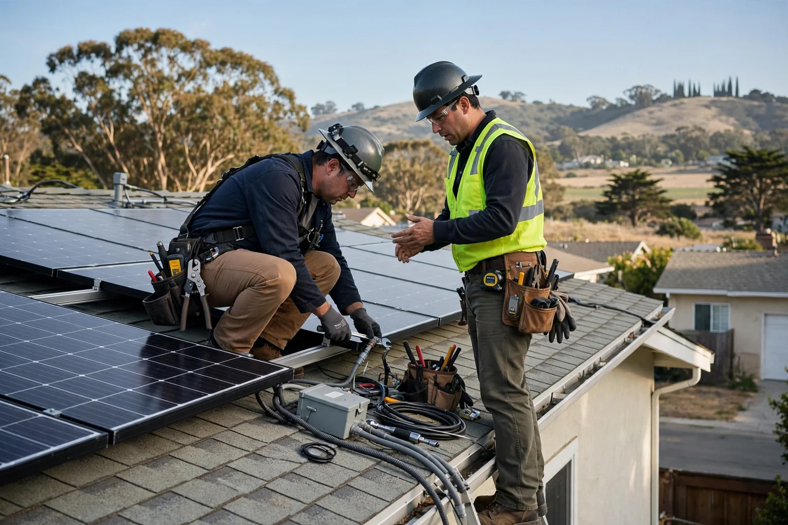 Technician testing rooftop solar inverter output during a maintenance visit