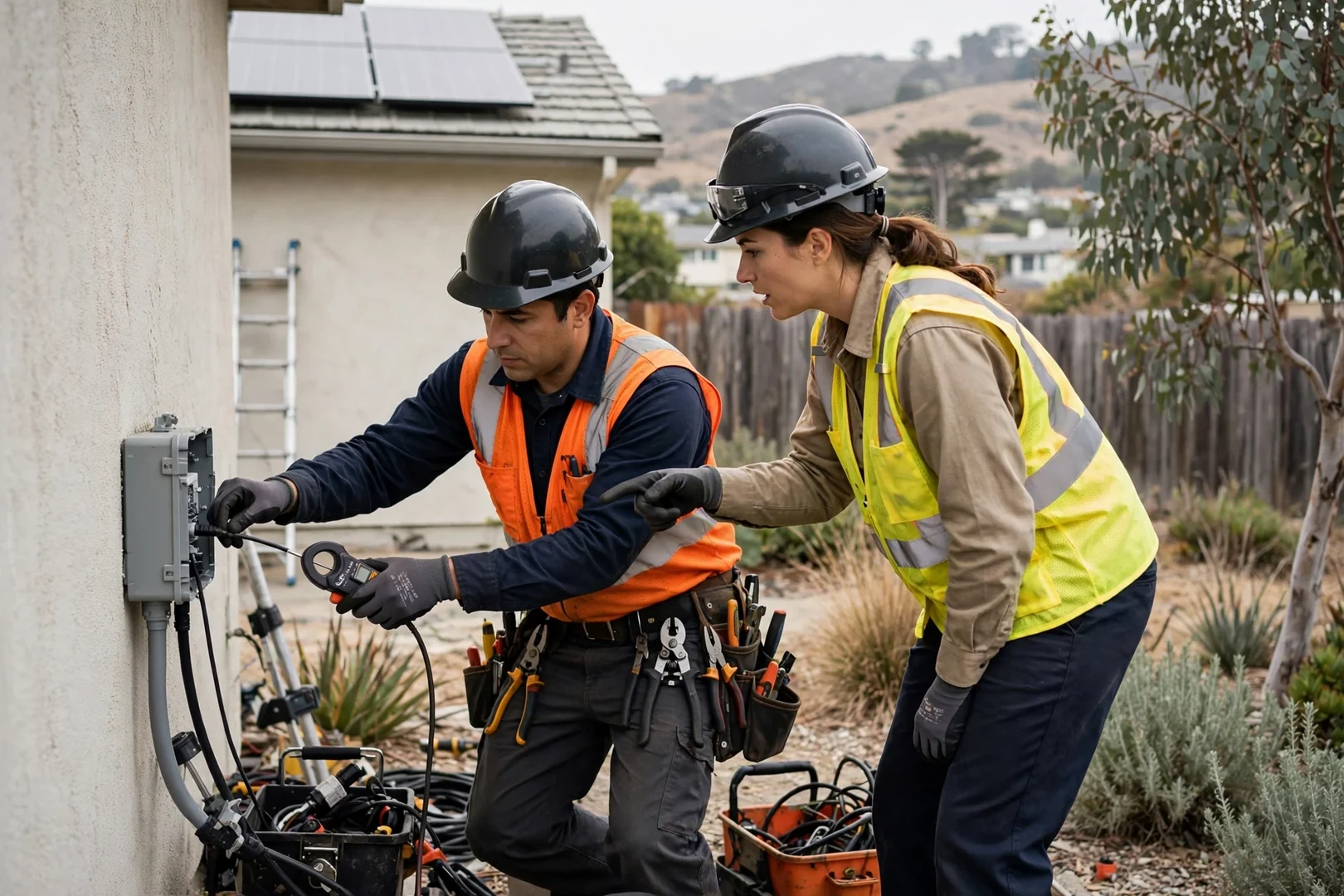 Technician testing string voltage on a rooftop solar array during maintenance in Salinas