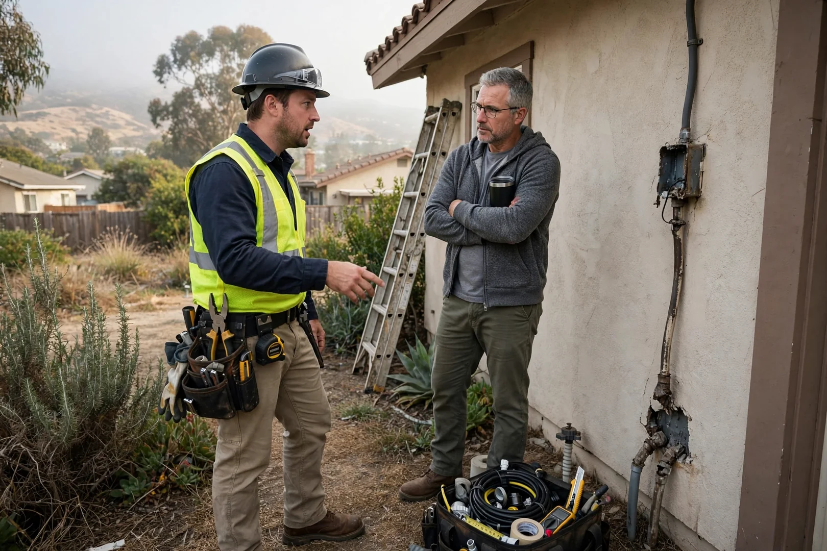 Technician testing solar inverter wiring on a Salinas rooftop array