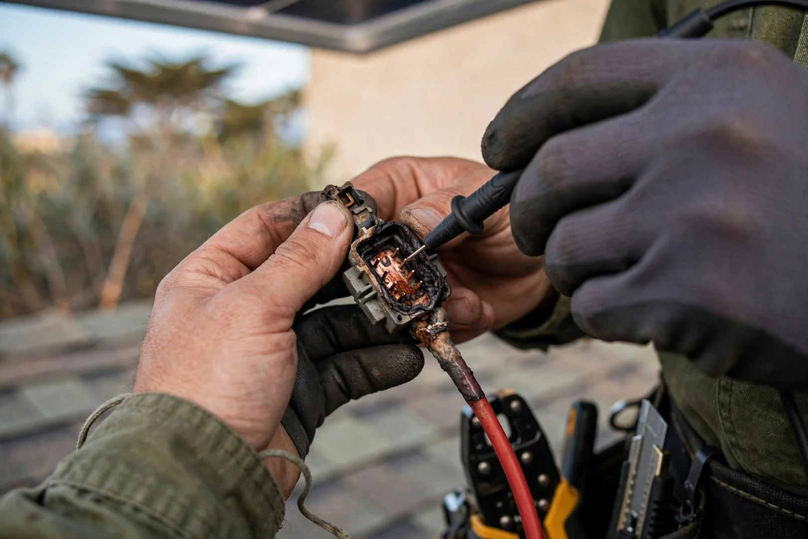 Close view of corroded solar panel connector and loose racking hardware