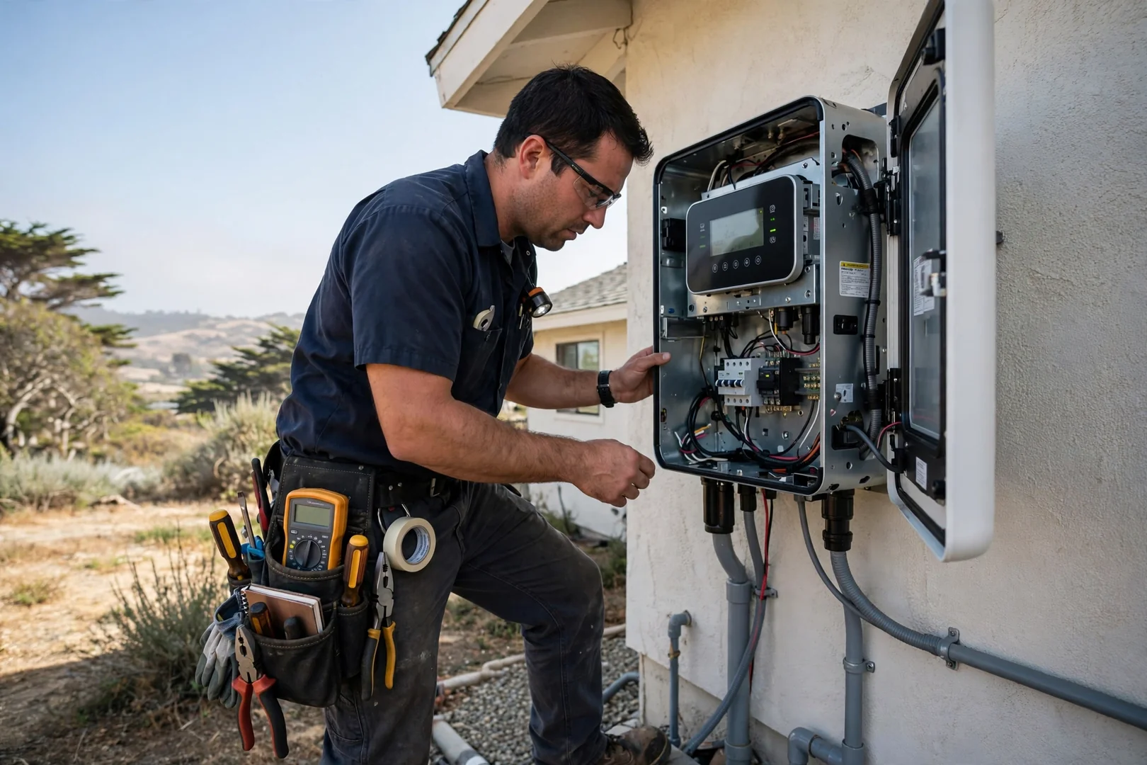 Technician reviewing inverter display panel during residential solar repair in Salinas