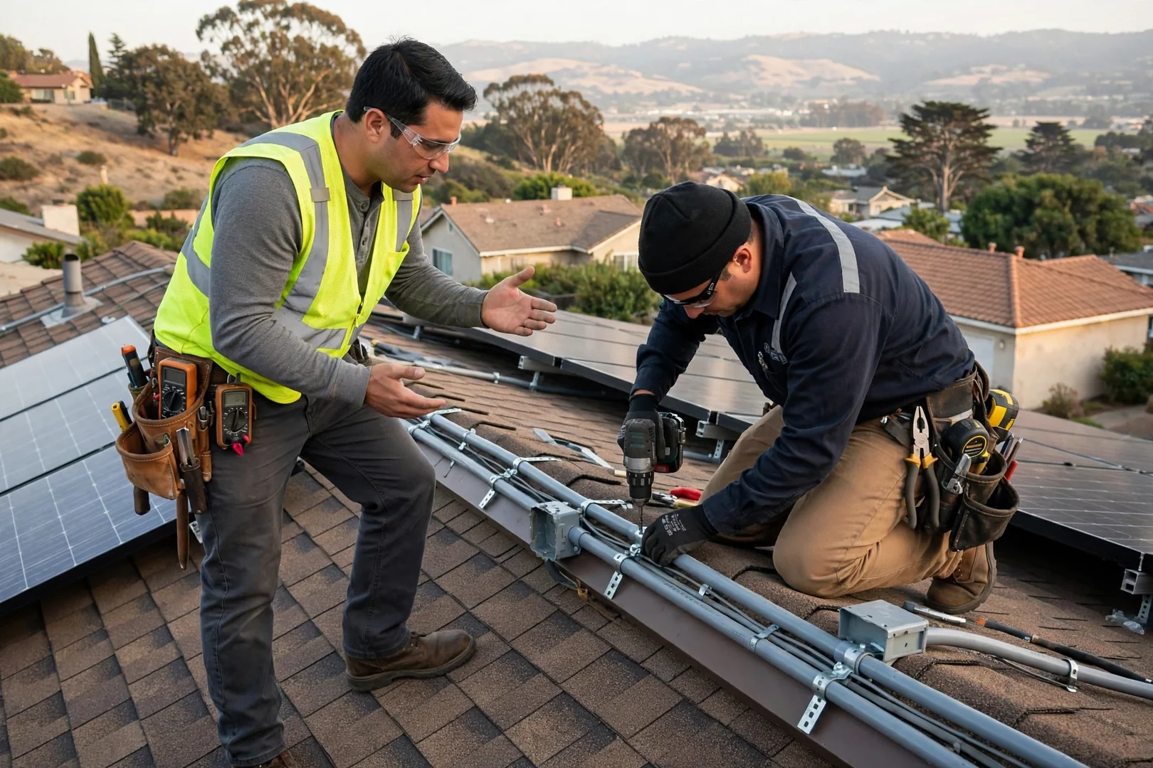 Repaired solar conduit run and new wiring secured along a rooftop edge