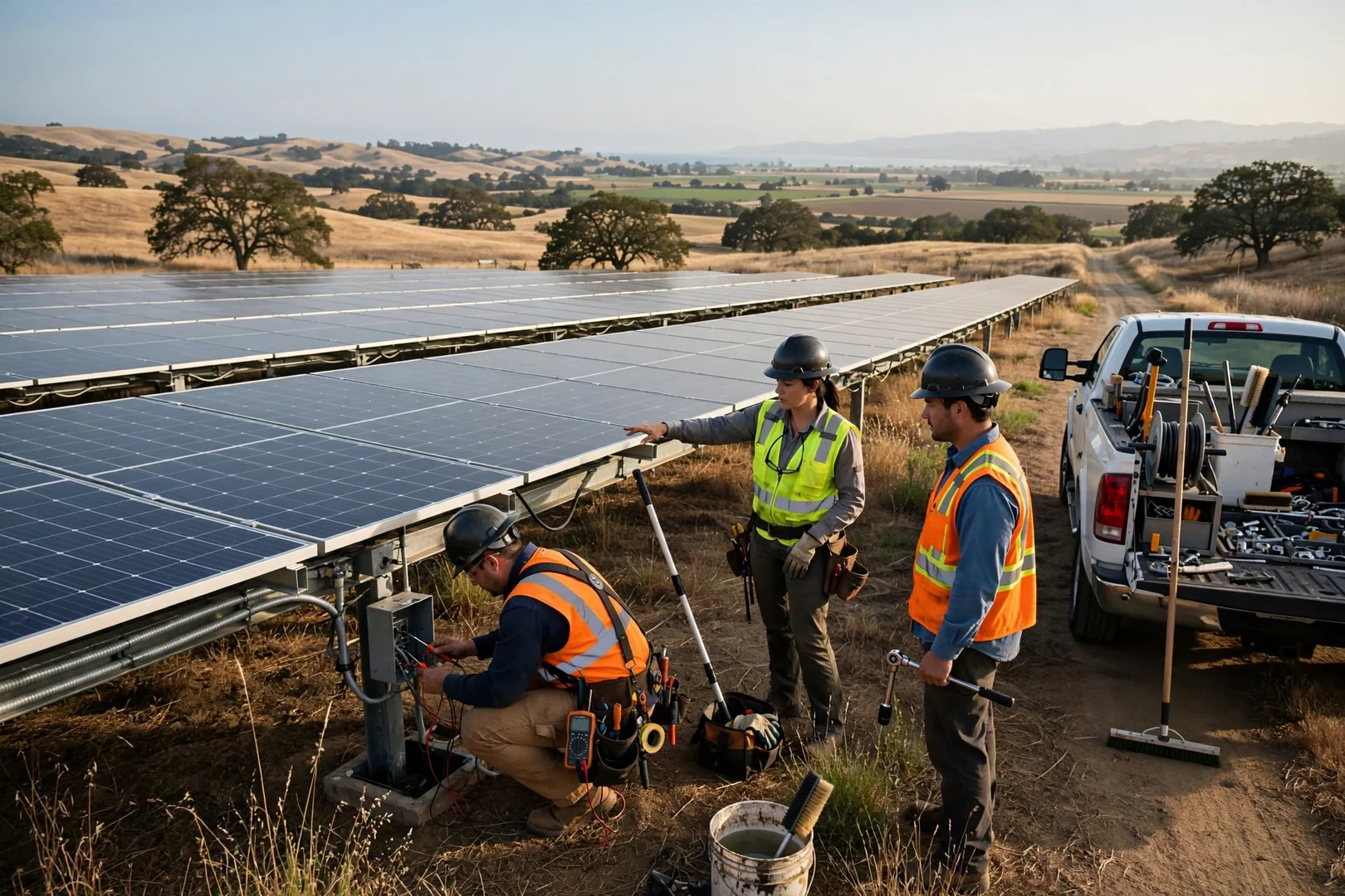 Wide view of ground-mounted solar array on rural Salinas property after service