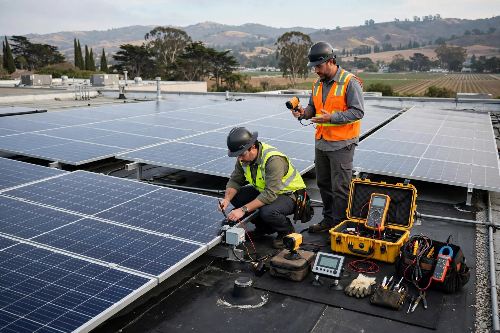 Cleaned commercial rooftop solar modules with testing equipment staged nearby