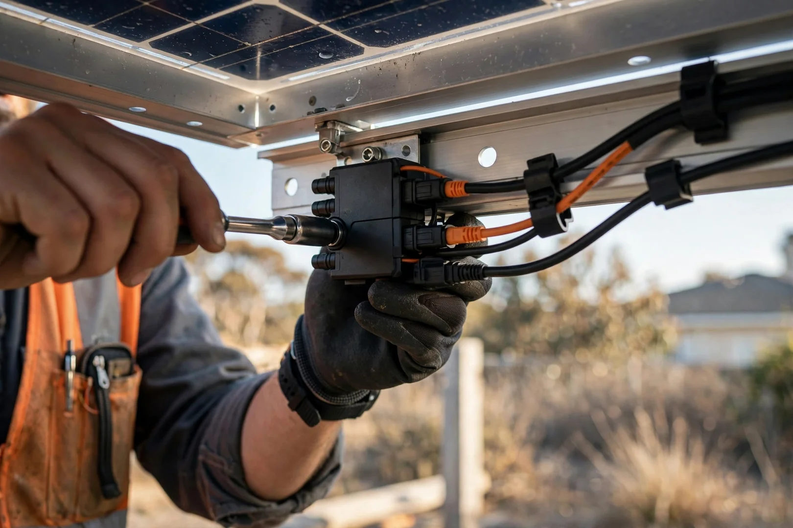 Close-up of new module-level optimizer installed beneath a solar panel frame