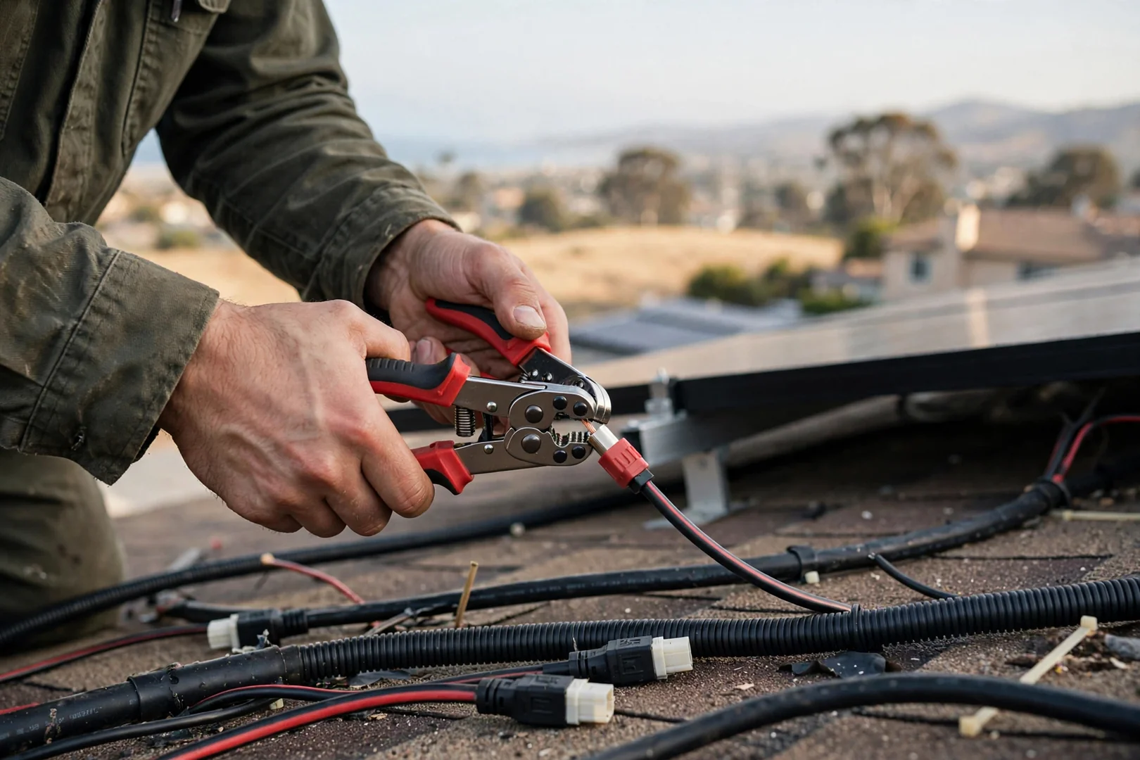 Hands crimping replacement solar connectors on rooftop array wiring harness