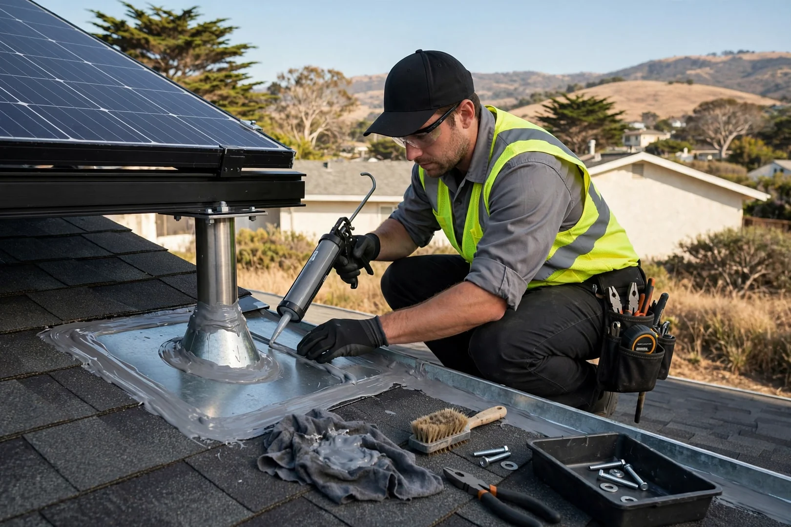 Resealed roof penetration and flashing under solar panel mounting foot