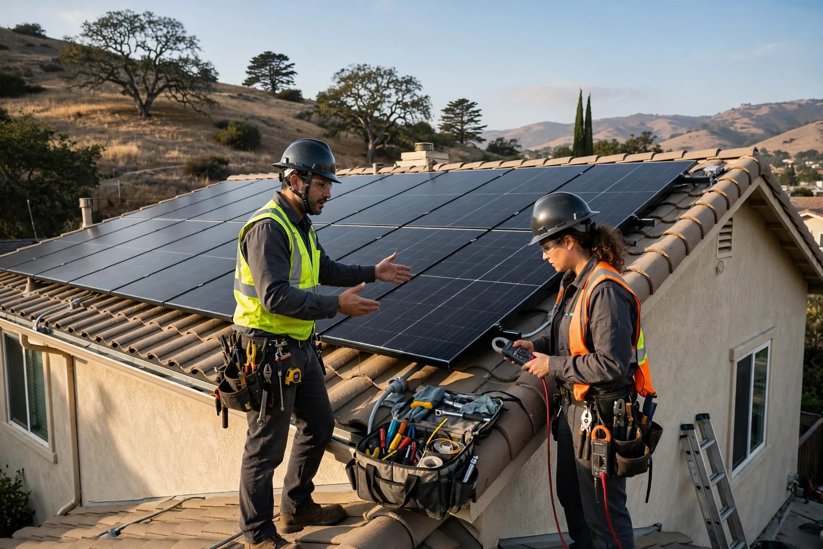 Finished residential solar array producing at full output after maintenance inspection
