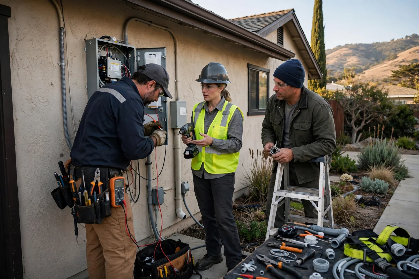 Technician testing solar inverter wiring on a Salinas home
